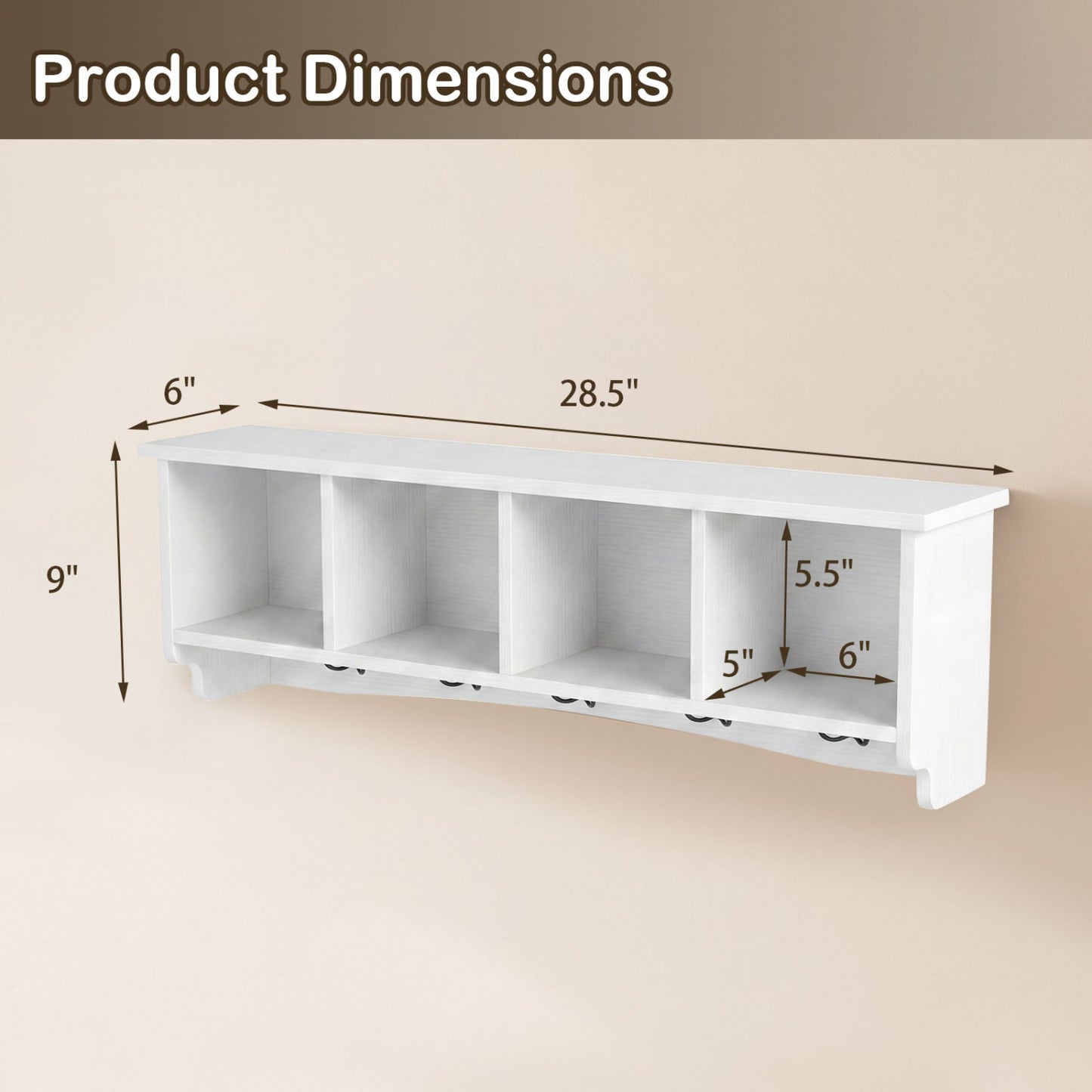 Wall-Mounted Coat Rack with 4 Cubbies and 5 Double Hooks and Wooden Shelf, White Coat Racks & Hall Trees at Gallery Canada