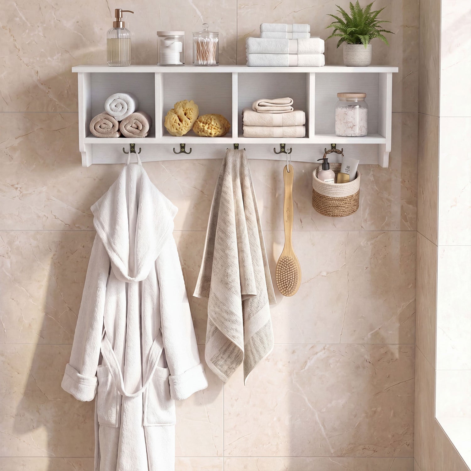 Wall-Mounted Coat Rack with 4 Cubbies and 5 Double Hooks and Wooden Shelf, White Coat Racks & Hall Trees at Gallery Canada
