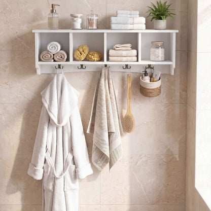 Wall-Mounted Coat Rack with 4 Cubbies and 5 Double Hooks and Wooden Shelf, White Coat Racks & Hall Trees at Gallery Canada