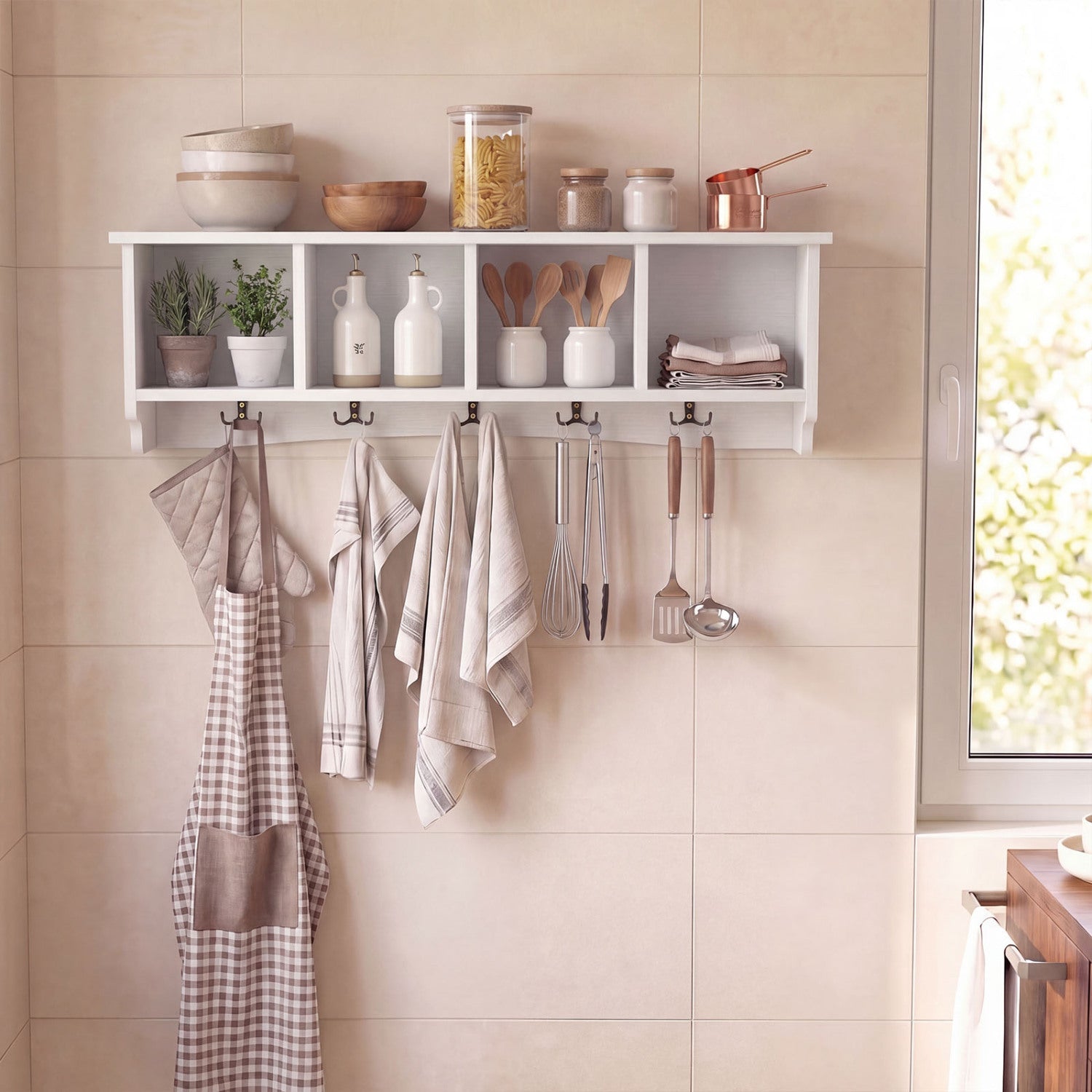 Wall-Mounted Coat Rack with 4 Cubbies and 5 Double Hooks and Wooden Shelf, White Coat Racks & Hall Trees at Gallery Canada