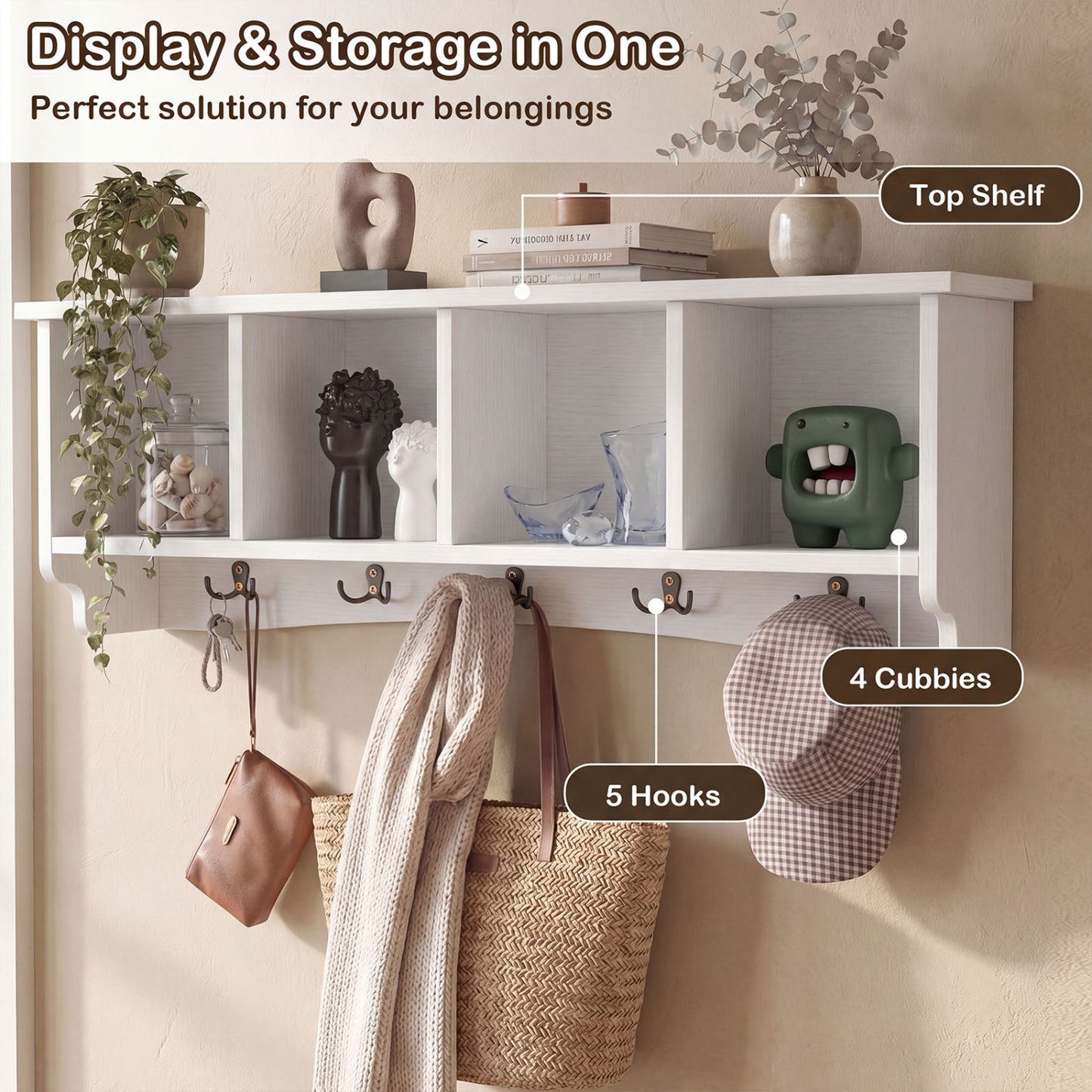 Wall-Mounted Coat Rack with 4 Cubbies and 5 Double Hooks and Wooden Shelf, White Coat Racks & Hall Trees at Gallery Canada
