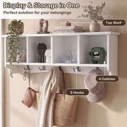 Wall-Mounted Coat Rack with 4 Cubbies and 5 Double Hooks and Wooden Shelf, White Coat Racks & Hall Trees at Gallery Canada