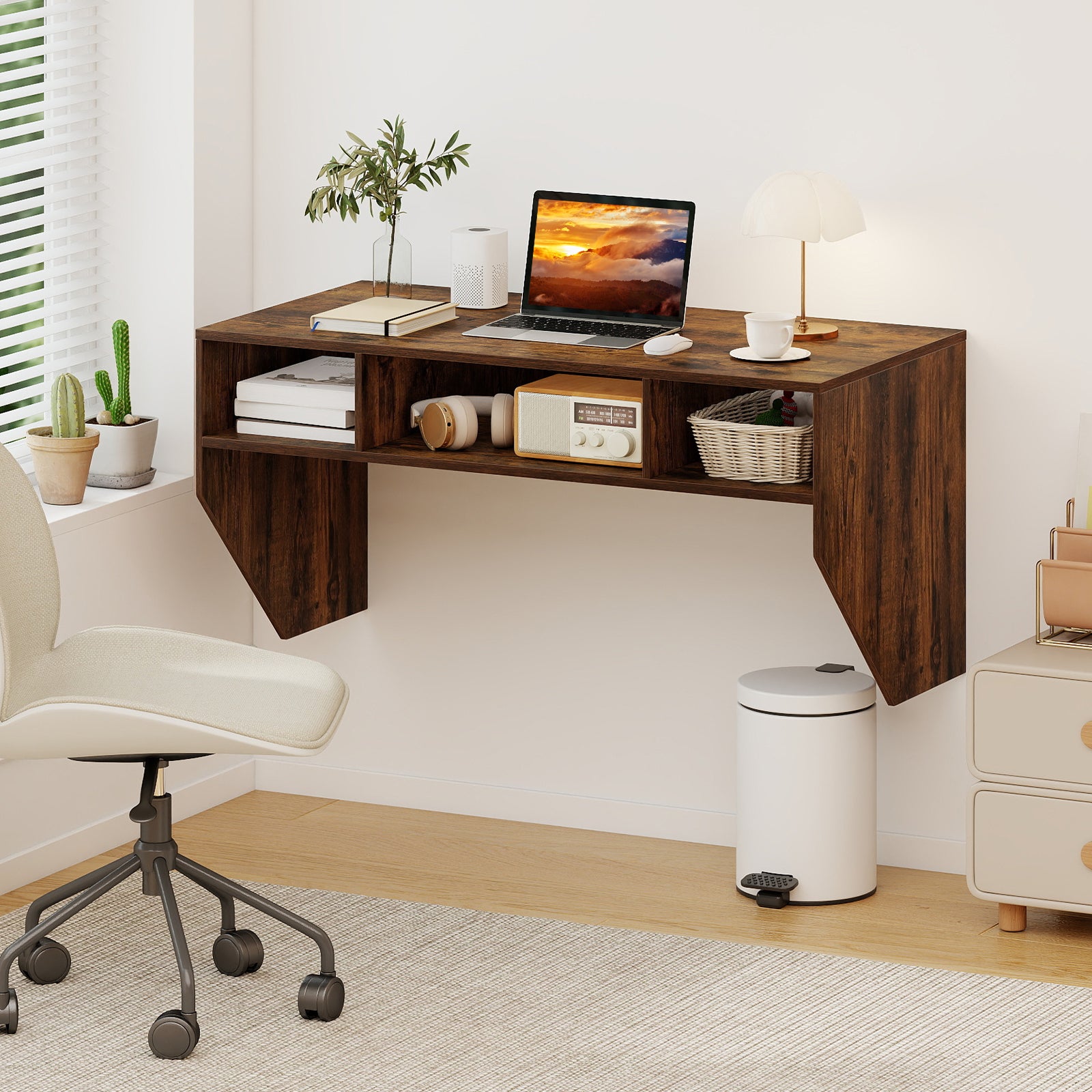 Wall-Mounted Computer Desk Floating Laptop Desk with 3 Storage Compartments, Rustic Brown Computer Desks at Gallery Canada