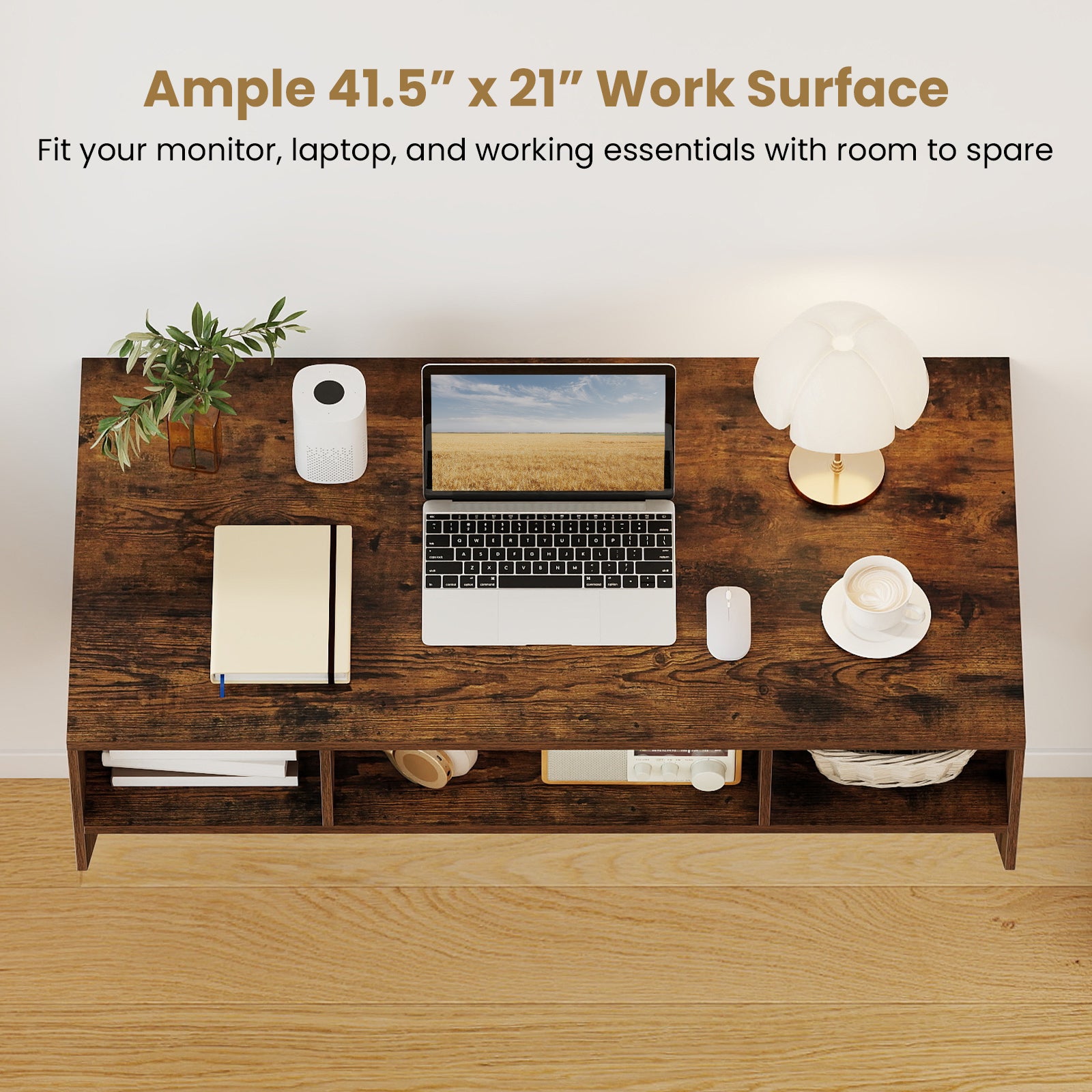 Wall-Mounted Computer Desk Floating Laptop Desk with 3 Storage Compartments, Rustic Brown Computer Desks at Gallery Canada