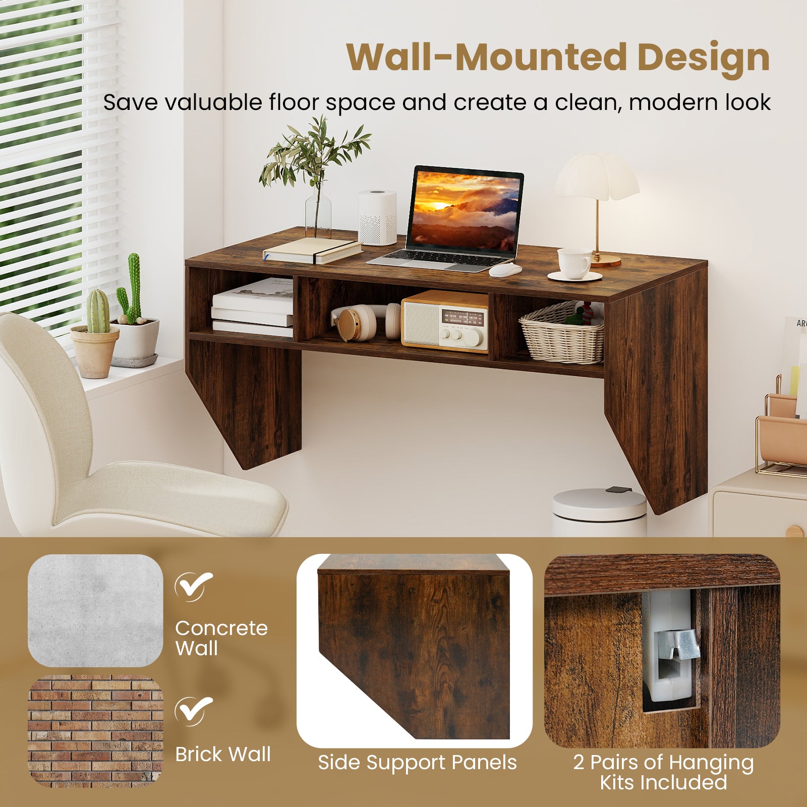 Wall-Mounted Computer Desk Floating Laptop Desk with 3 Storage Compartments, Rustic Brown Computer Desks at Gallery Canada