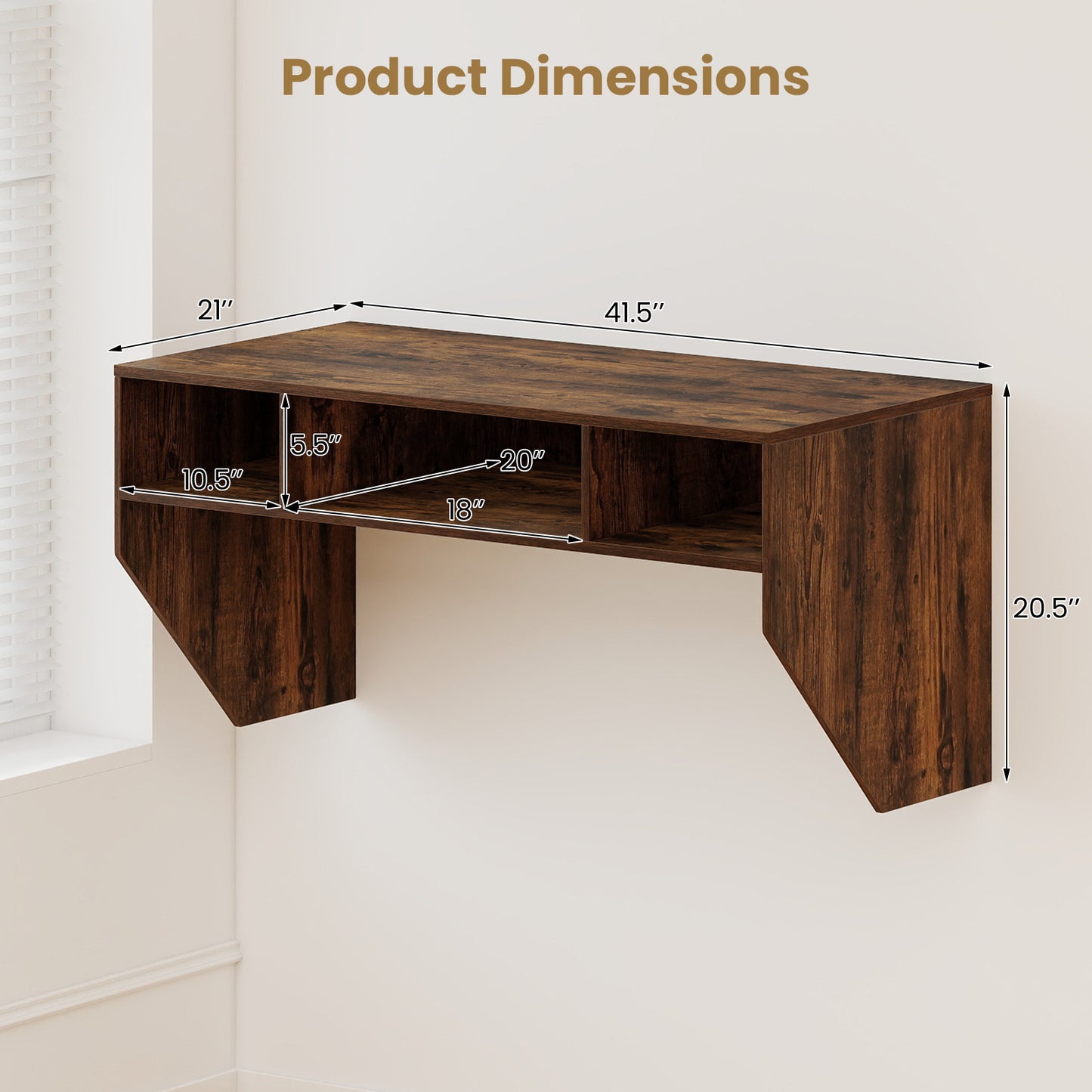 Wall-Mounted Computer Desk Floating Laptop Desk with 3 Storage Compartments, Rustic Brown Computer Desks at Gallery Canada