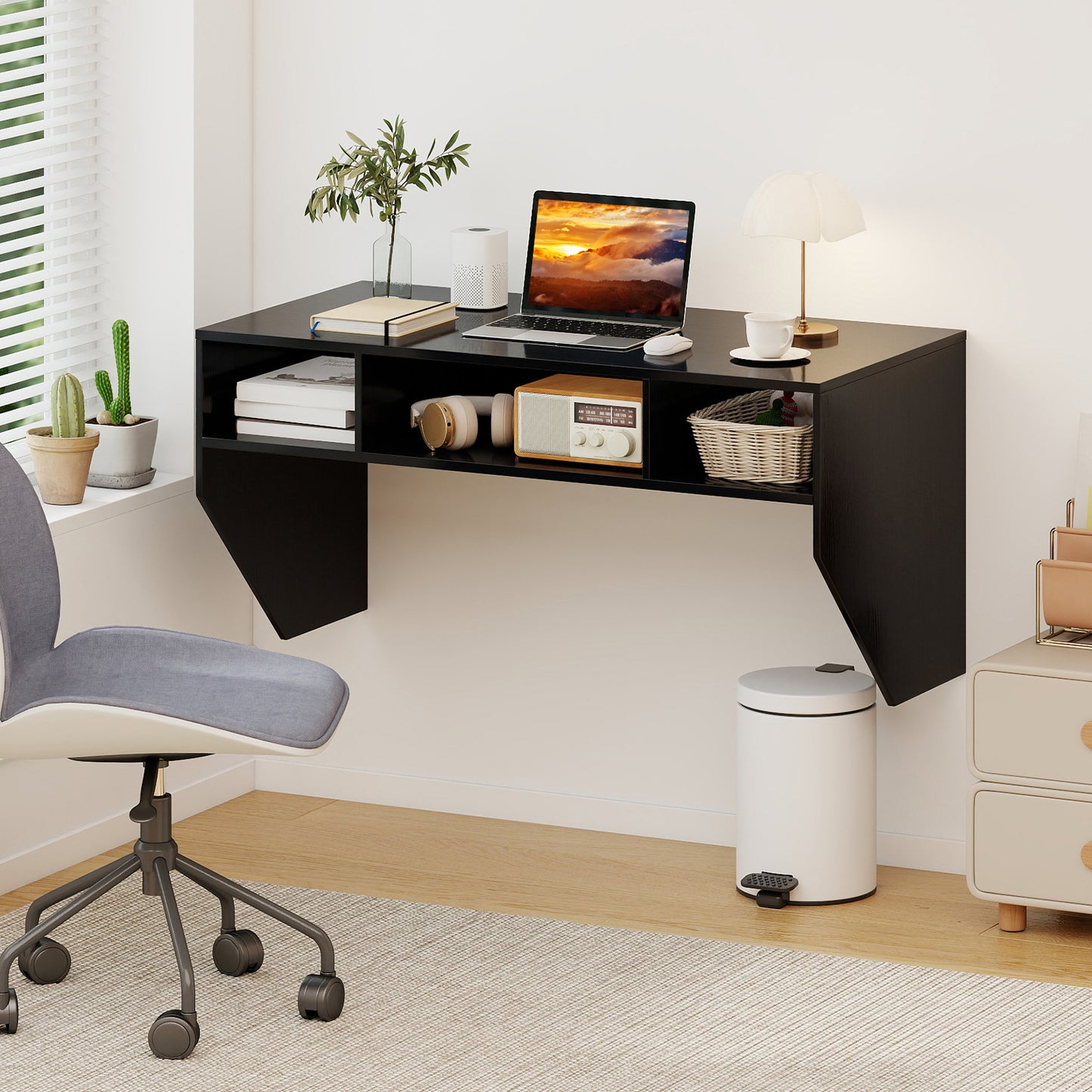 Wall-Mounted Computer Desk Floating Laptop Desk with 3 Storage Compartments, Black Computer Desks at Gallery Canada