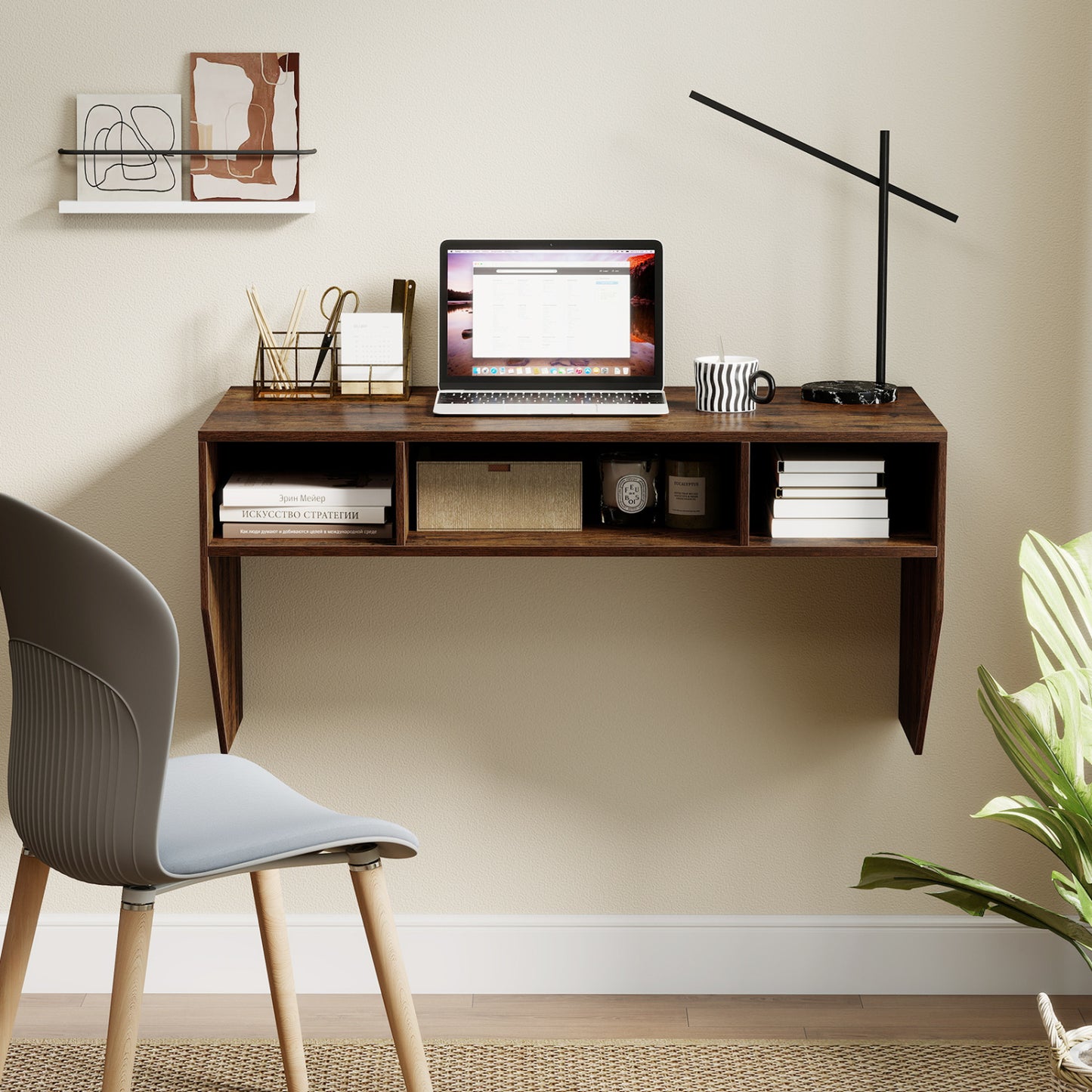 Wall-Mounted Computer Desk Floating Laptop Desk with 3 Storage Compartments, Rustic Brown Computer Desks at Gallery Canada