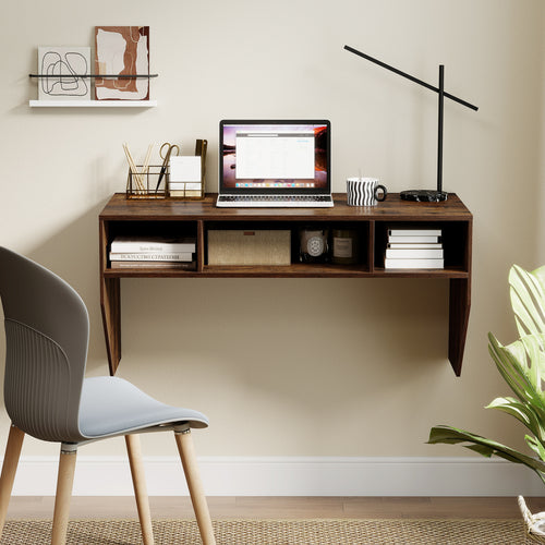 Wall-Mounted Computer Desk Floating Laptop Desk with 3 Storage Compartments, Rustic Brown