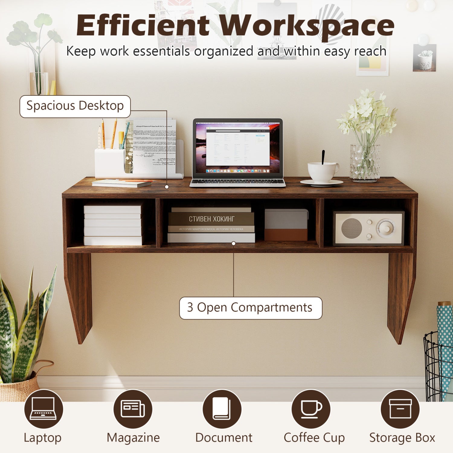 Wall-Mounted Computer Desk Floating Laptop Desk with 3 Storage Compartments, Rustic Brown Computer Desks at Gallery Canada