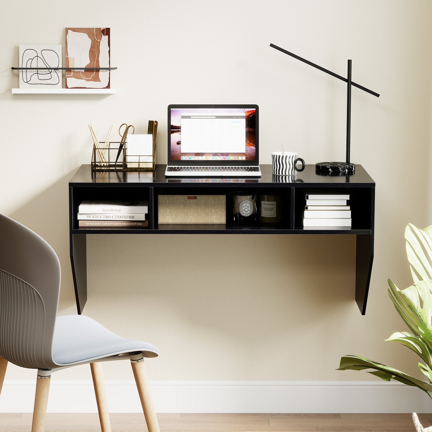 Wall-Mounted Computer Desk Floating Laptop Desk with 3 Storage Compartments, Black Computer Desks at Gallery Canada