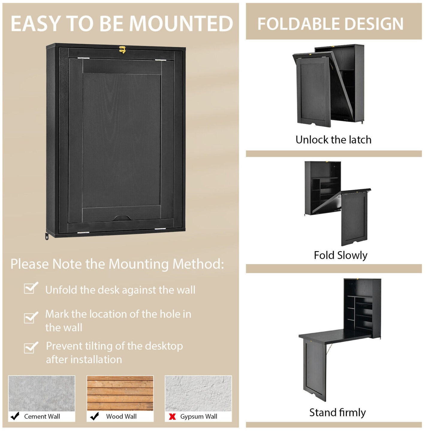 Wall Mounted Fold-Out Convertible Floating Desk Space Saver, Black Laptop Tables & Printer Stands at Gallery Canada