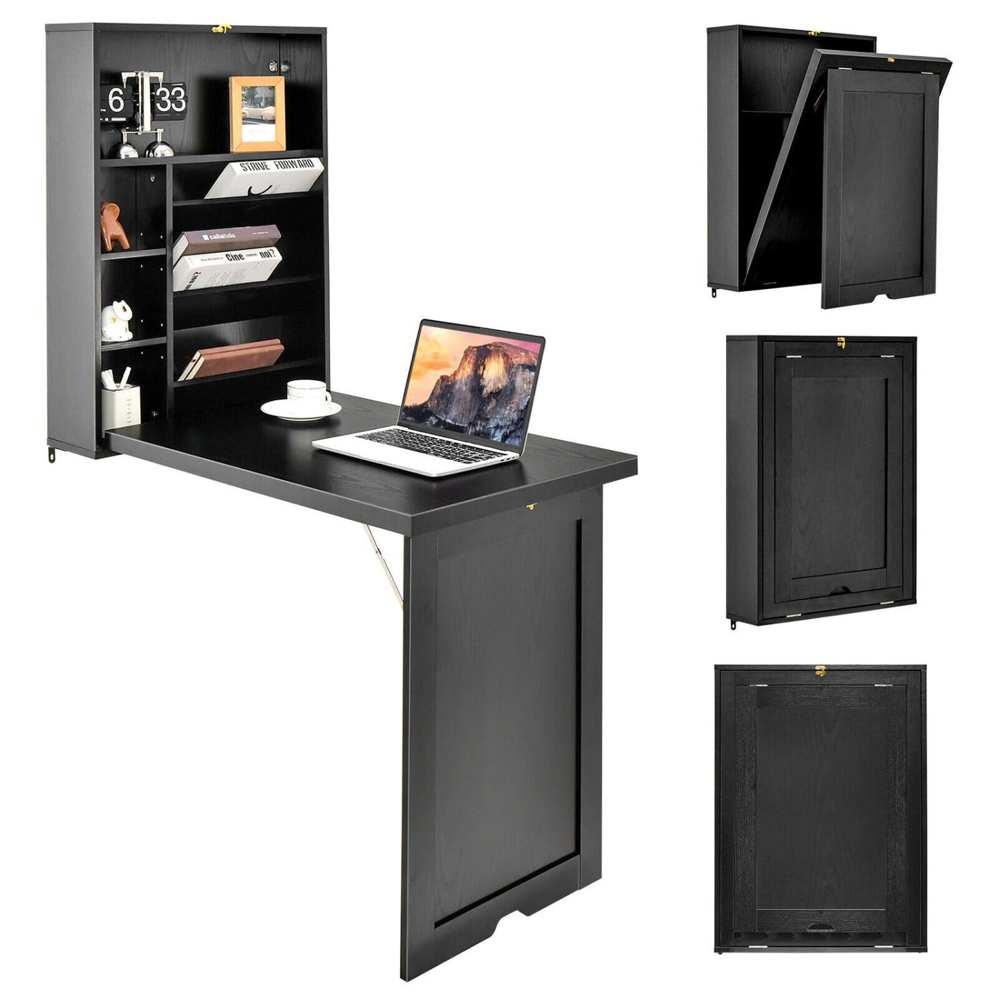 Wall Mounted Fold-Out Convertible Floating Desk Space Saver, Black Laptop Tables & Printer Stands at Gallery Canada