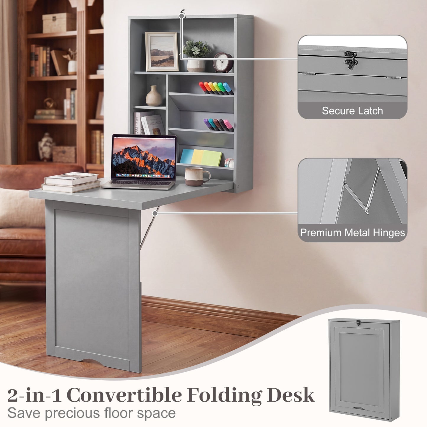 Wall Mounted Fold Out Floating Desk, Gray Laptop Tables & Printer Stands at Gallery Canada