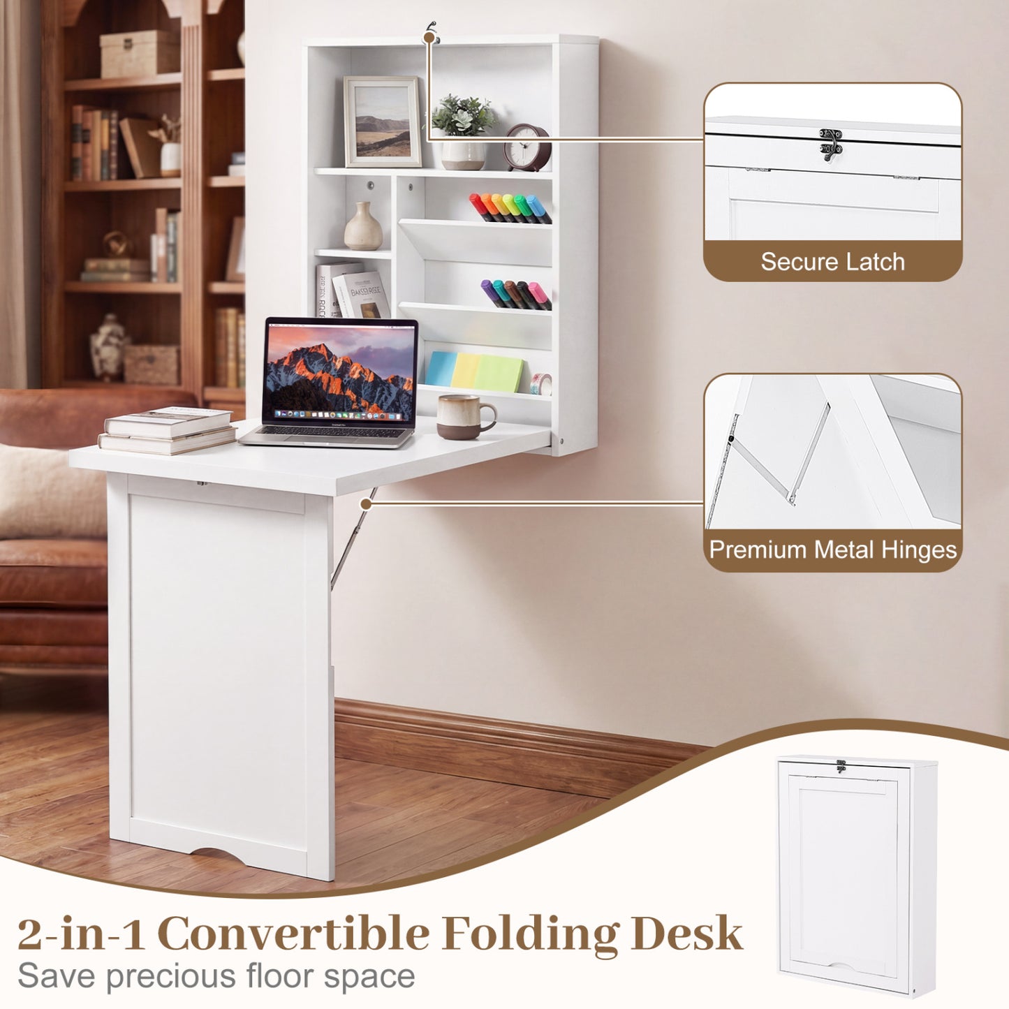 Wall Mounted Fold-Out Convertible Floating Desk Space Saver, White Laptop Tables & Printer Stands at Gallery Canada