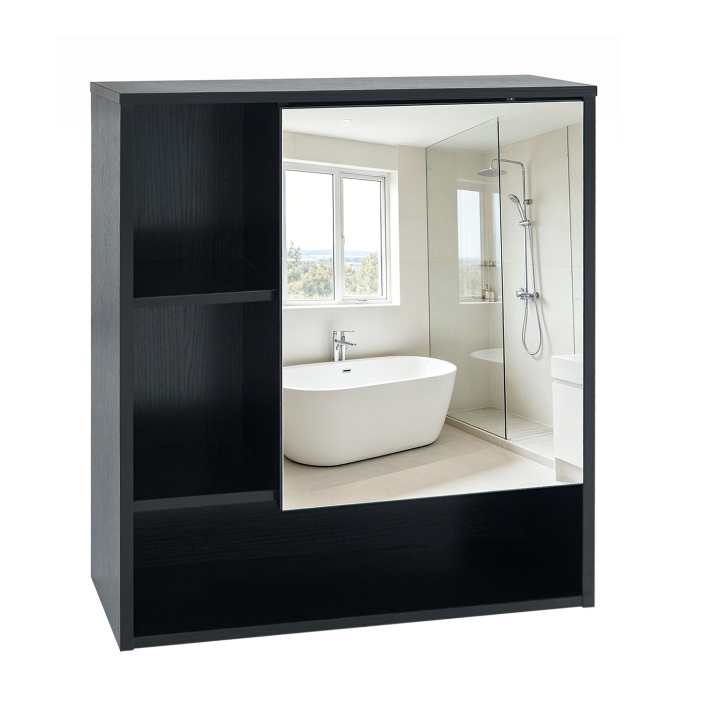 Wall-Mounted Mirror Cabinet with 2 Hidden Shelves and 3 Open Compartments, Black
