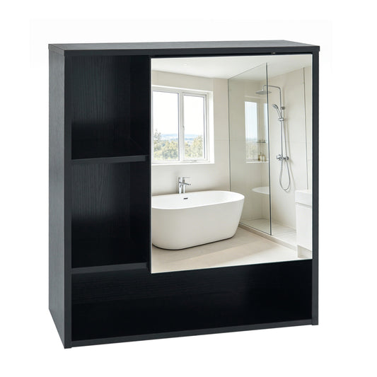 Wall-Mounted Mirror Cabinet with 2 Hidden Shelves and 3 Open Compartments, Black Wall Cabinets Black at Gallery Canada