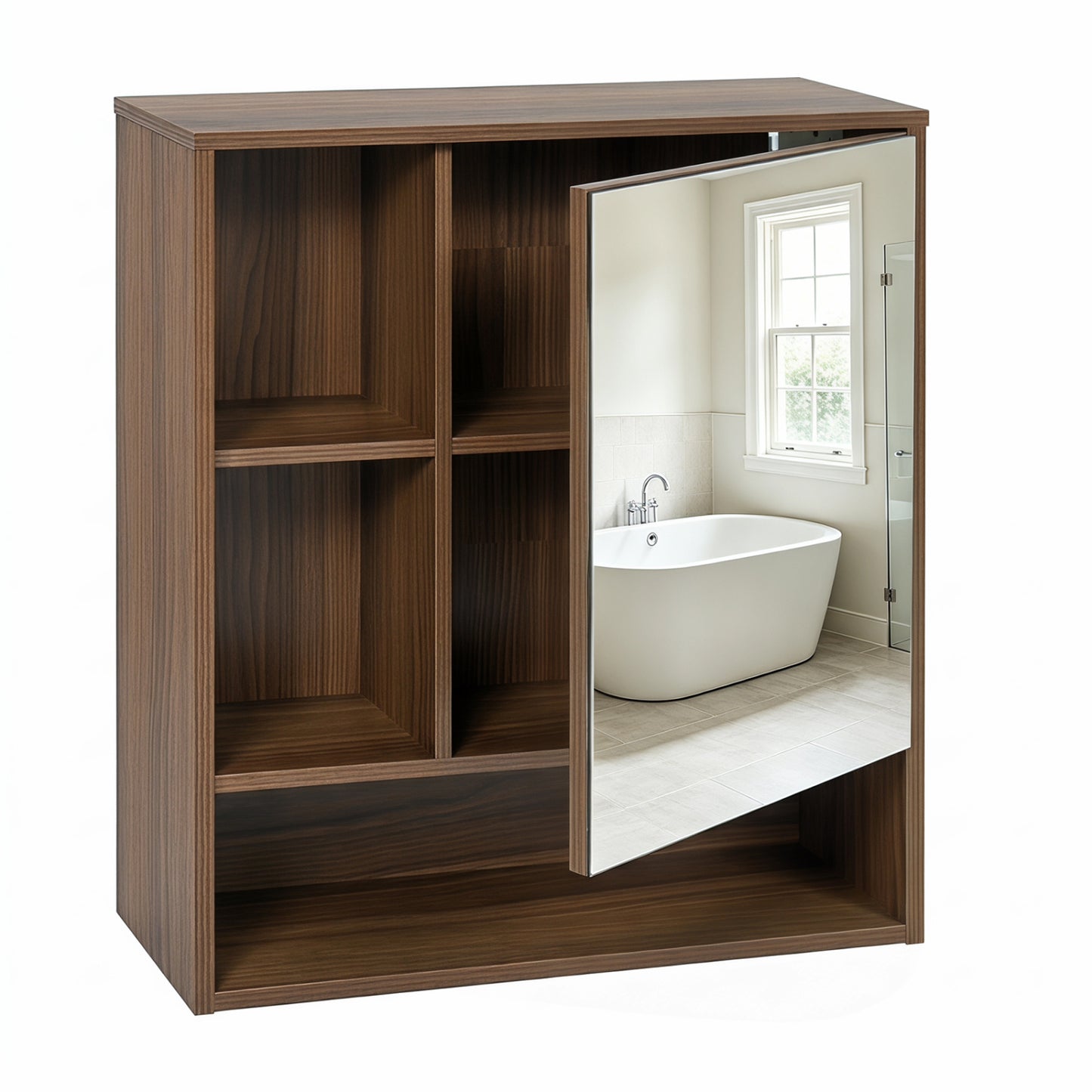 Wall-Mounted Mirror Cabinet with 2 Hidden Shelves and 3 Open Compartments, Walnut
