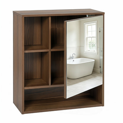 Wall-Mounted Mirror Cabinet with 2 Hidden Shelves and 3 Open Compartments, Walnut