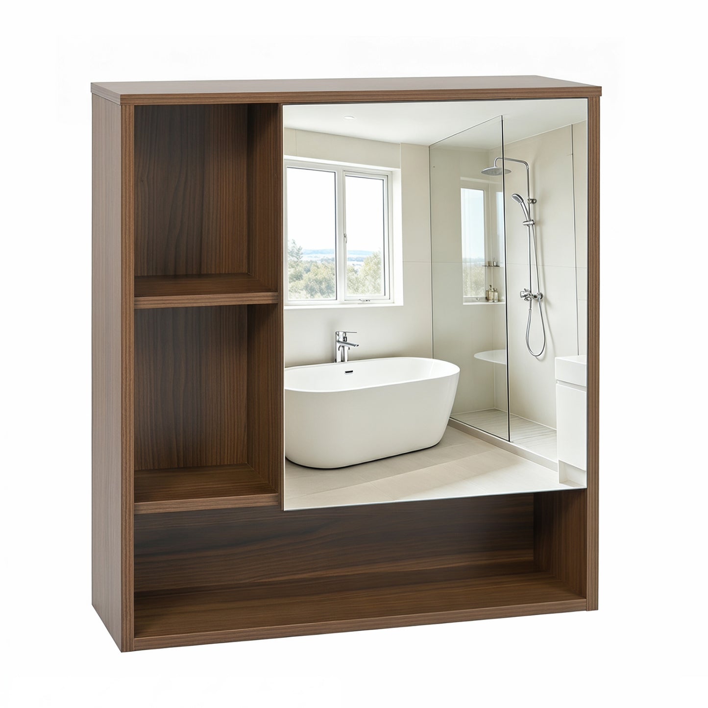 Wall-Mounted Mirror Cabinet with 2 Hidden Shelves and 3 Open Compartments, Walnut