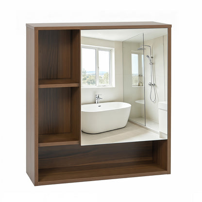 Wall-Mounted Mirror Cabinet with 2 Hidden Shelves and 3 Open Compartments, Walnut