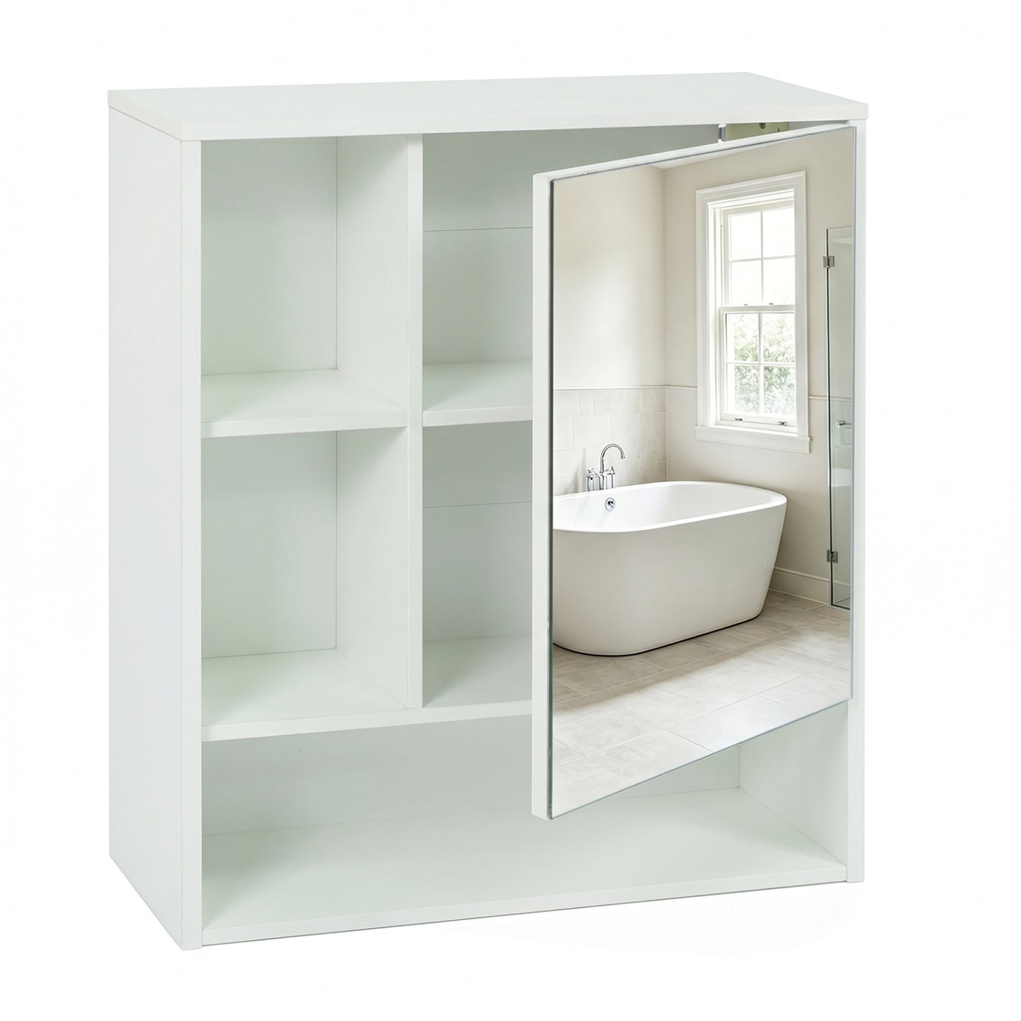 Wall-Mounted Mirror Cabinet, 2 Hidden Shelves, 3 Compartments, White