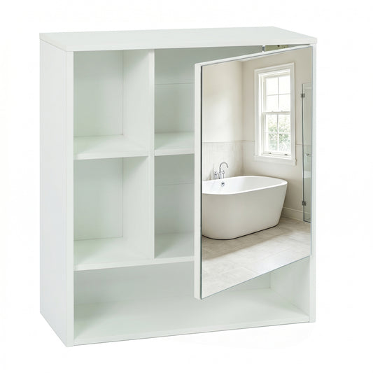 Wall-Mounted Mirror Cabinet, 2 Hidden Shelves, 3 Compartments, White Wall Cabinets White at Gallery Canada