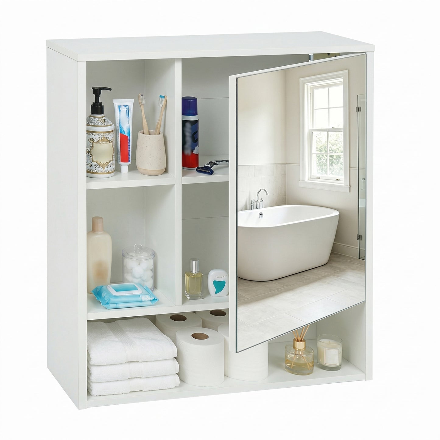 Wall-Mounted Mirror Cabinet, 2 Hidden Shelves, 3 Compartments, White