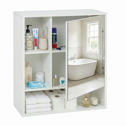 Wall-Mounted Mirror Cabinet, 2 Hidden Shelves, 3 Compartments, White
