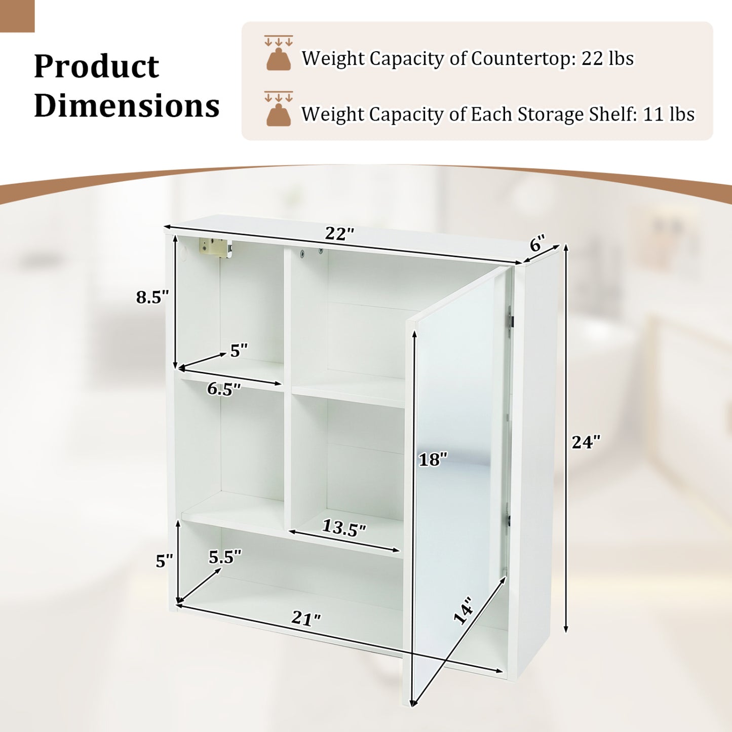 Wall-Mounted Mirror Cabinet, 2 Hidden Shelves, 3 Compartments, White