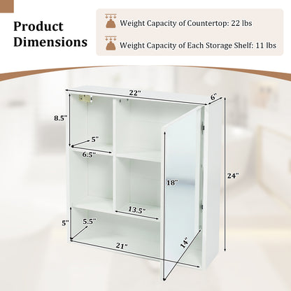 Wall-Mounted Mirror Cabinet, 2 Hidden Shelves, 3 Compartments, White