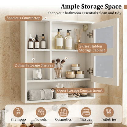 Wall-Mounted Mirror Cabinet, 2 Hidden Shelves, 3 Compartments, White