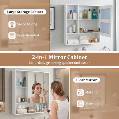 Wall-Mounted Mirror Cabinet, 2 Hidden Shelves, 3 Compartments, White