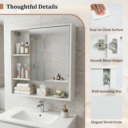 Wall-Mounted Mirror Cabinet, 2 Hidden Shelves, 3 Compartments, White