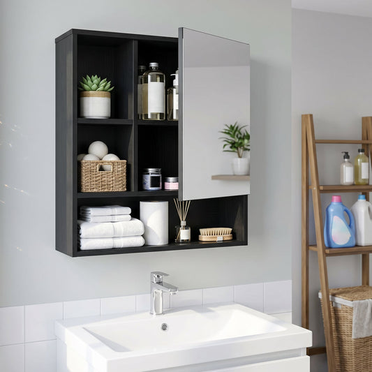 Wall-Mounted Mirror Cabinet with 2 Hidden Shelves and 3 Open Compartments, Black Wall Cabinets Black at Gallery Canada