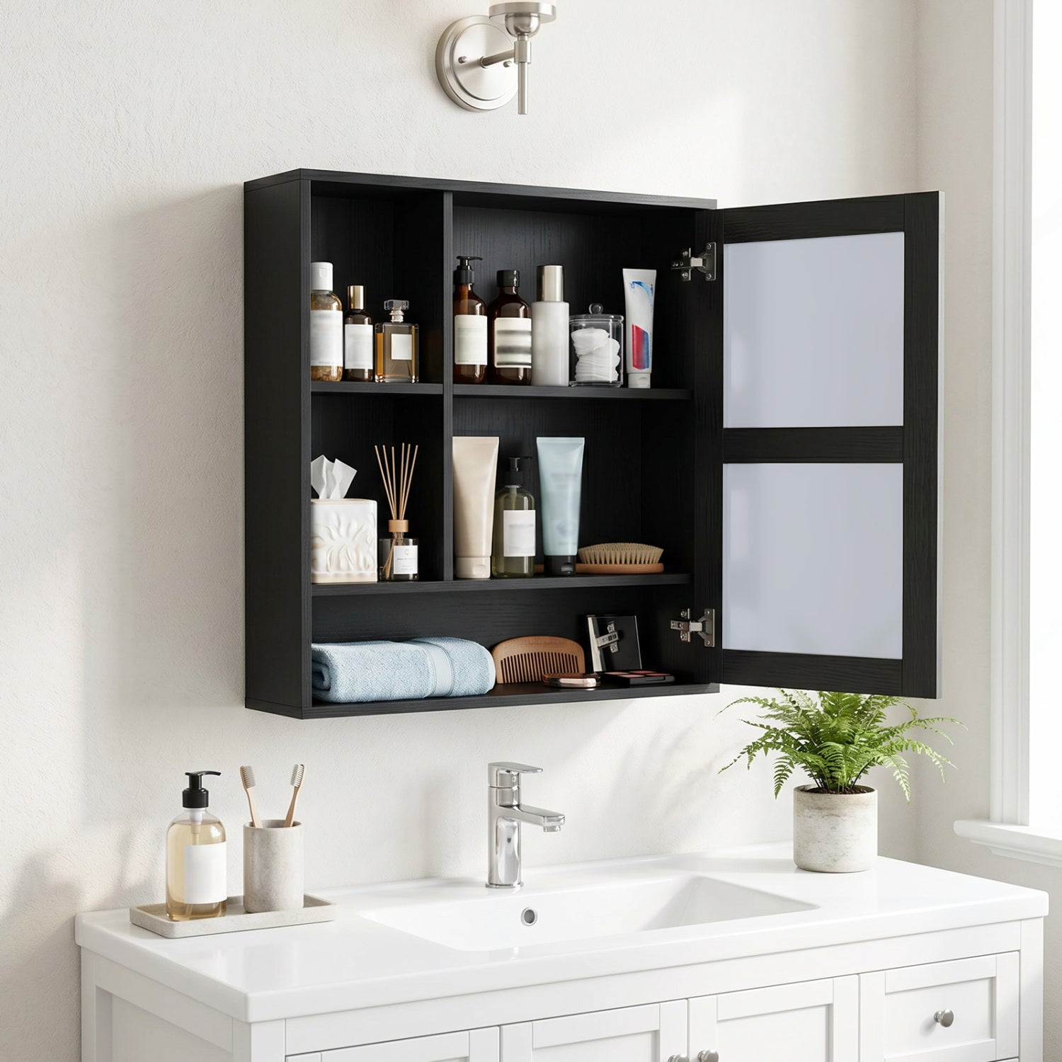 Wall-Mounted Mirror Cabinet with 2 Hidden Shelves and 3 Open Compartments, Black Wall Cabinets at Gallery Canada
