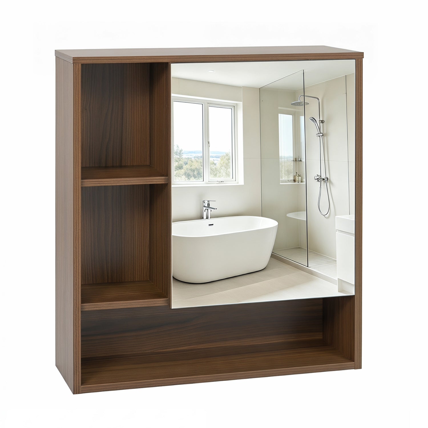Wall-Mounted Mirror Cabinet with 2 Hidden Shelves and 3 Open Compartments, Walnut Wall Cabinets Walnut at Gallery Canada