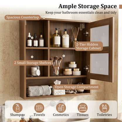 Wall-Mounted Mirror Cabinet with 2 Hidden Shelves and 3 Open Compartments, Walnut Wall Cabinets at Gallery Canada