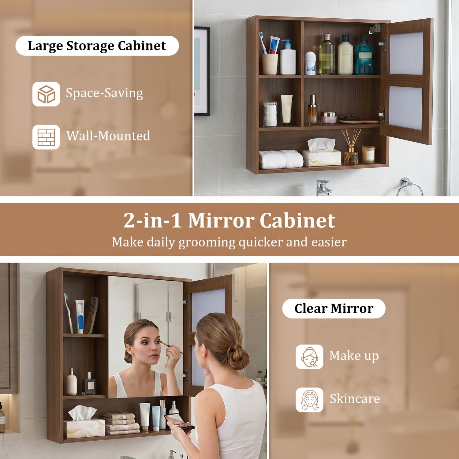 Wall-Mounted Mirror Cabinet with 2 Hidden Shelves and 3 Open Compartments, Walnut Wall Cabinets at Gallery Canada