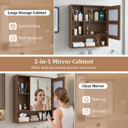 Wall-Mounted Mirror Cabinet with 2 Hidden Shelves and 3 Open Compartments, Walnut Wall Cabinets at Gallery Canada