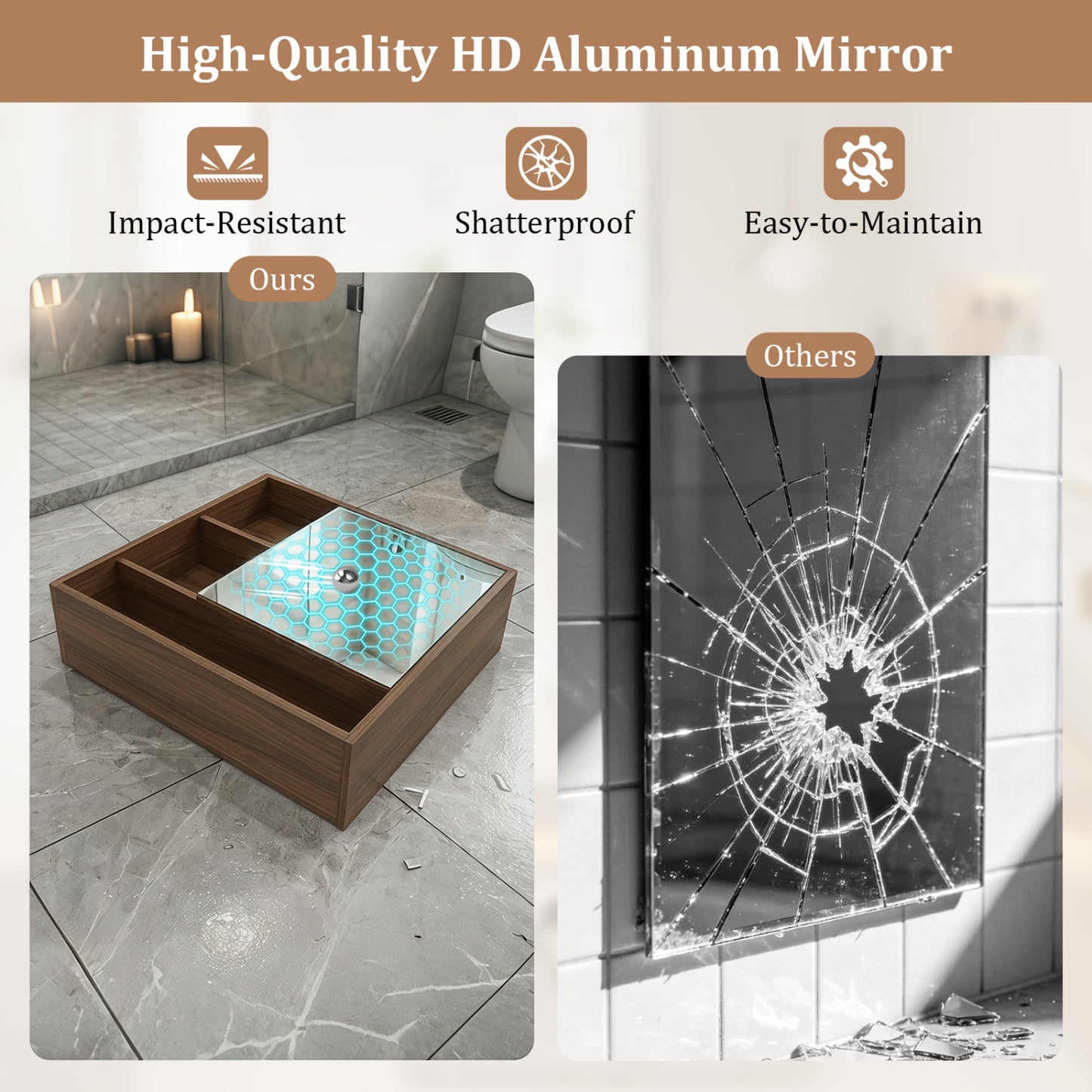 Wall-Mounted Mirror Cabinet with 2 Hidden Shelves and 3 Open Compartments, Walnut Wall Cabinets at Gallery Canada