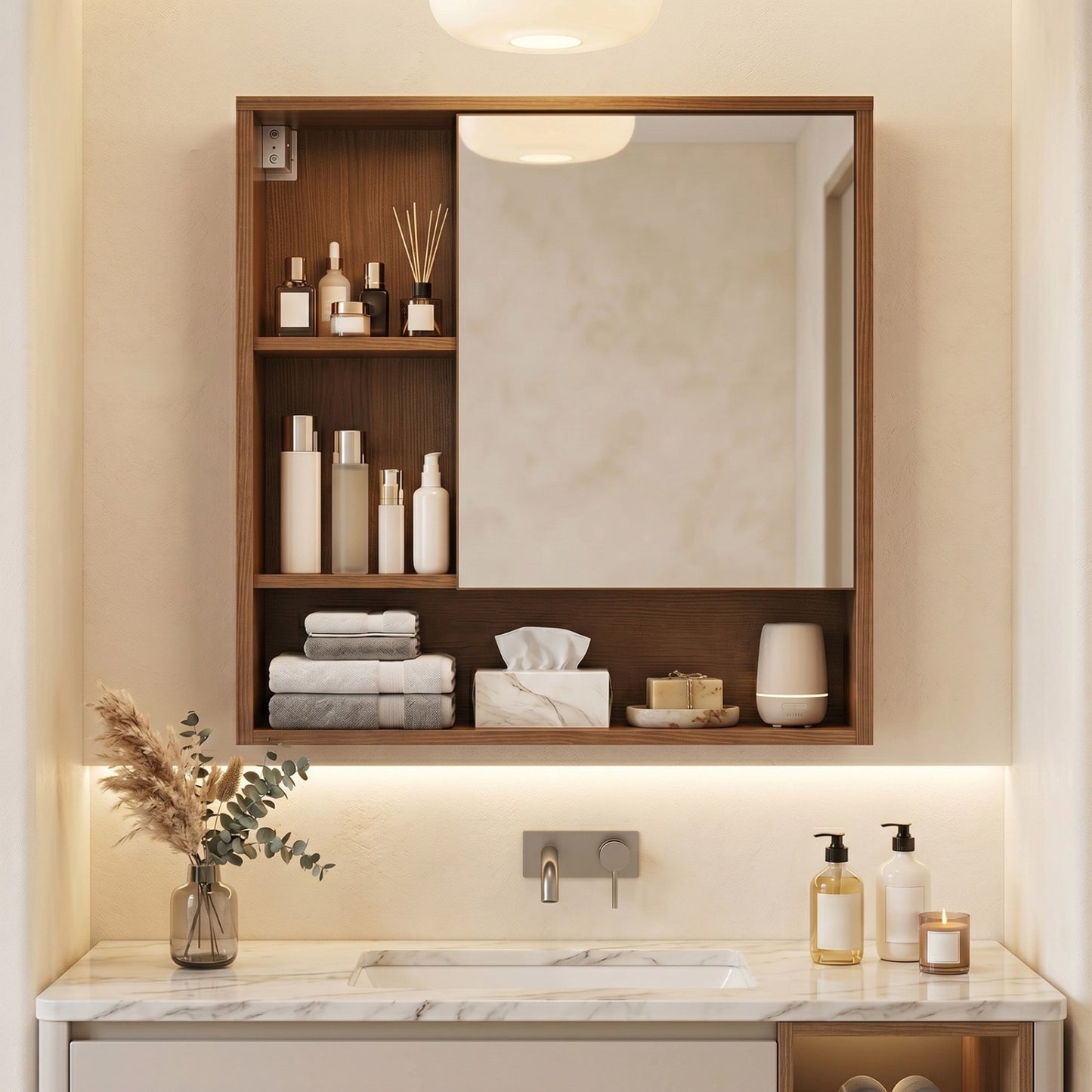 Wall-Mounted Mirror Cabinet with 2 Hidden Shelves and 3 Open Compartments, Walnut Wall Cabinets at Gallery Canada