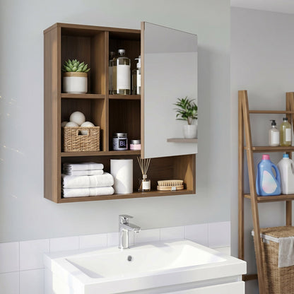 Wall-Mounted Mirror Cabinet with 2 Hidden Shelves and 3 Open Compartments, Walnut Wall Cabinets at Gallery Canada