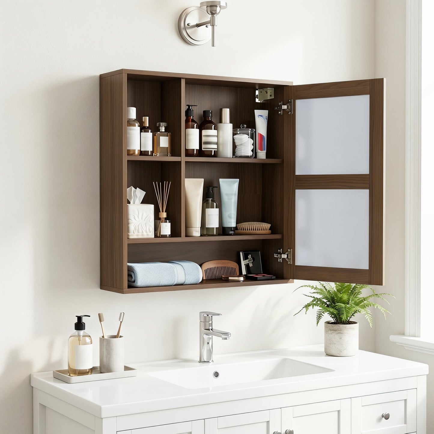 Wall-Mounted Mirror Cabinet with 2 Hidden Shelves and 3 Open Compartments, Walnut Wall Cabinets at Gallery Canada