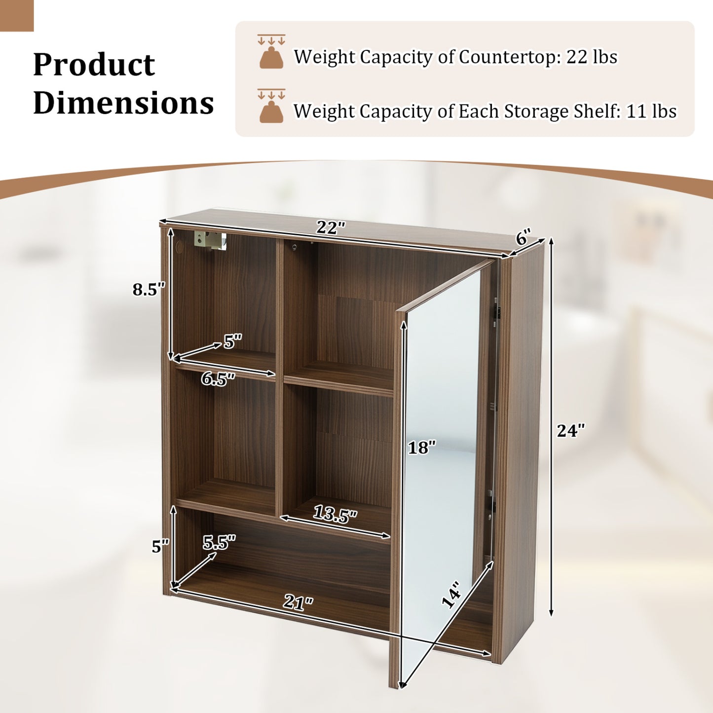 Wall-Mounted Mirror Cabinet with 2 Hidden Shelves and 3 Open Compartments, Walnut Wall Cabinets at Gallery Canada
