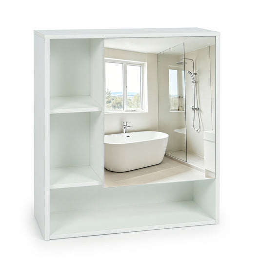 Wall-Mounted Mirror Cabinet, 2 Hidden Shelves, 3 Compartments, White Wall Cabinets White at Gallery Canada