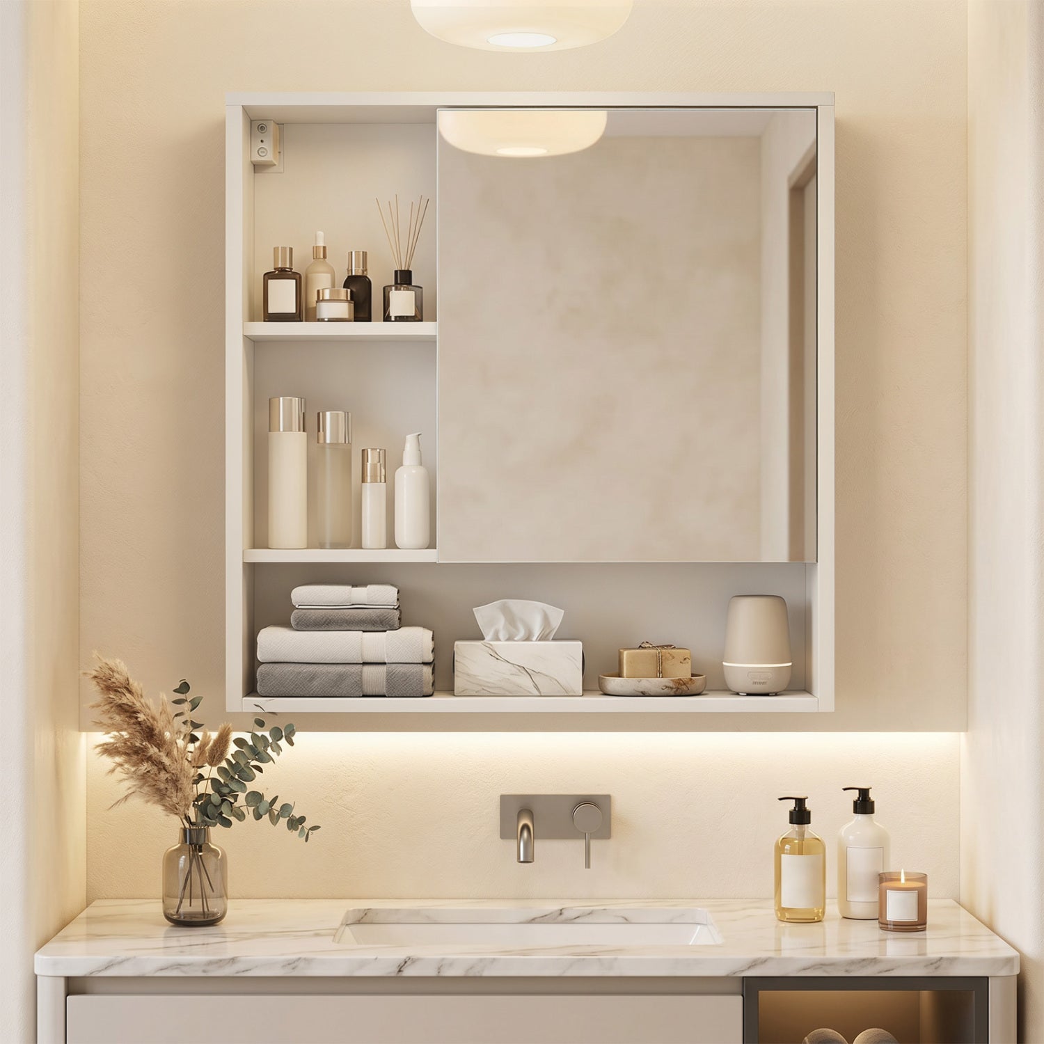 Wall-Mounted Mirror Cabinet, 2 Hidden Shelves, 3 Compartments, White Wall Cabinets at Gallery Canada