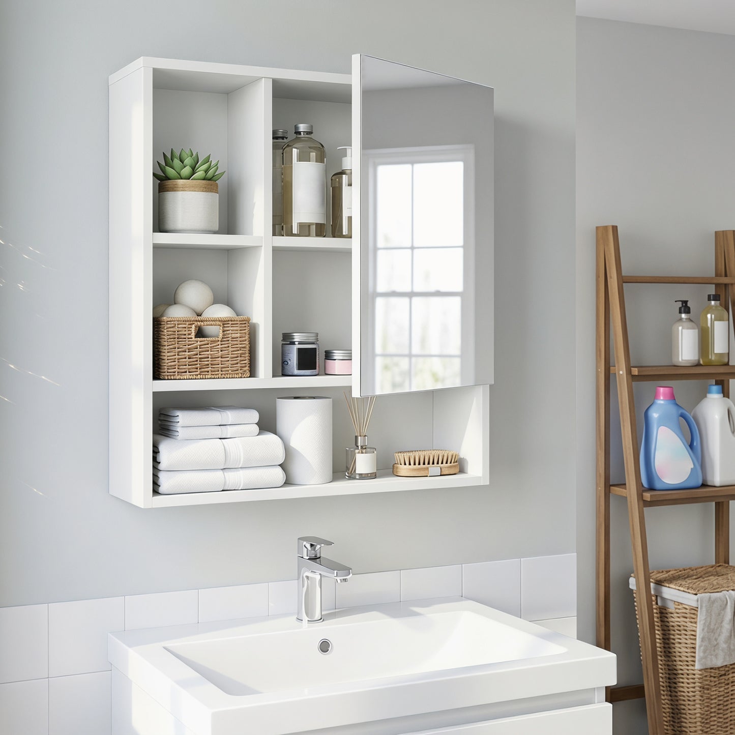 Wall-Mounted Mirror Cabinet, 2 Hidden Shelves, 3 Compartments, White Wall Cabinets at Gallery Canada