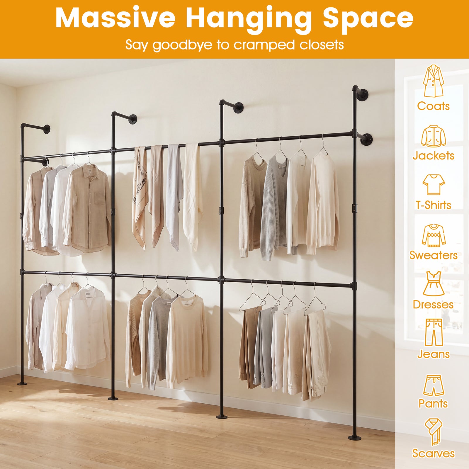 Wall Mounted Pipe Clothing Rack, 6 Hanging Rods, Black Clothing & Closet Storage at Gallery Canada