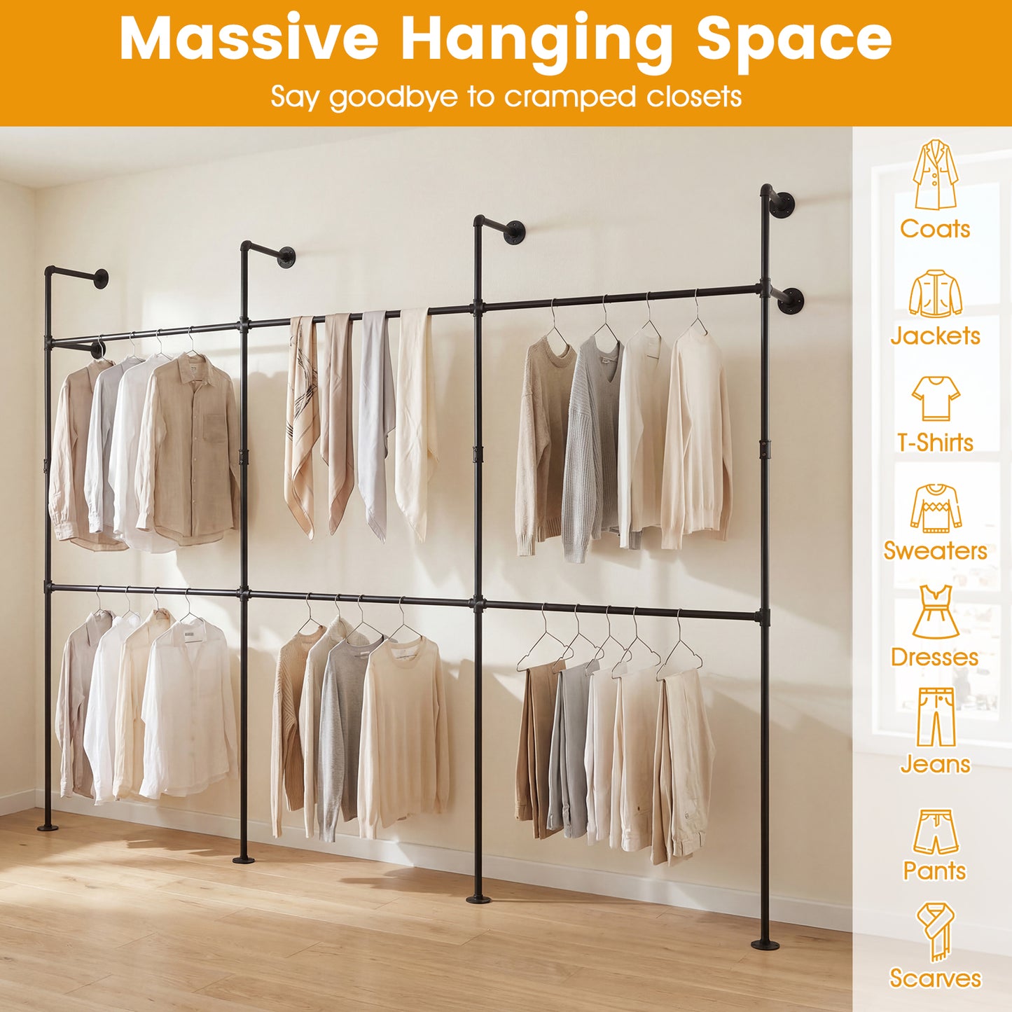 Wall Mounted Pipe Clothing Rack, 6 Hanging Rods, Black Clothing & Closet Storage at Gallery Canada